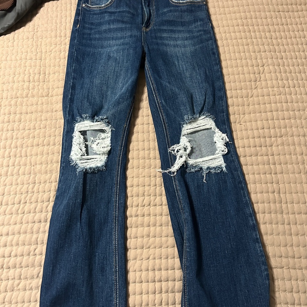 Classic Blue Distressed Women's Straight Leg Jeans